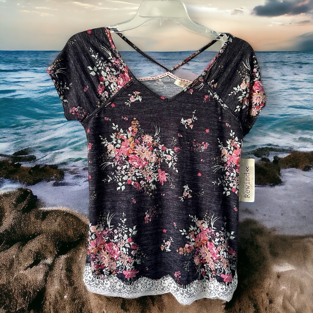Floral Bouquets on Black with Lace Scallop Trim & Criss-cross back T-shirt - Sm